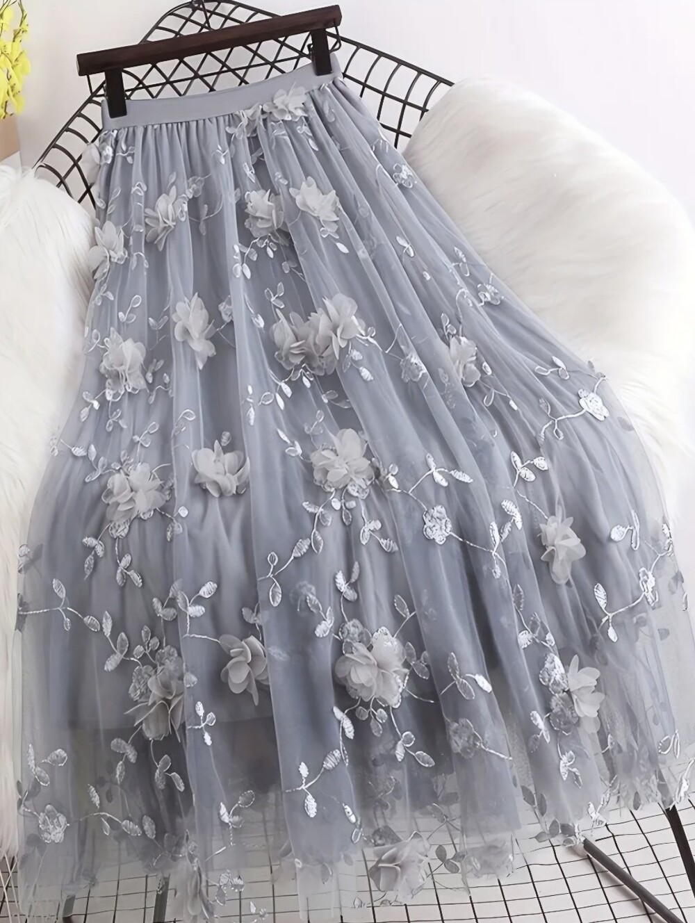 Double-layer Mesh Flared A-line Embroidered Floral Skirt